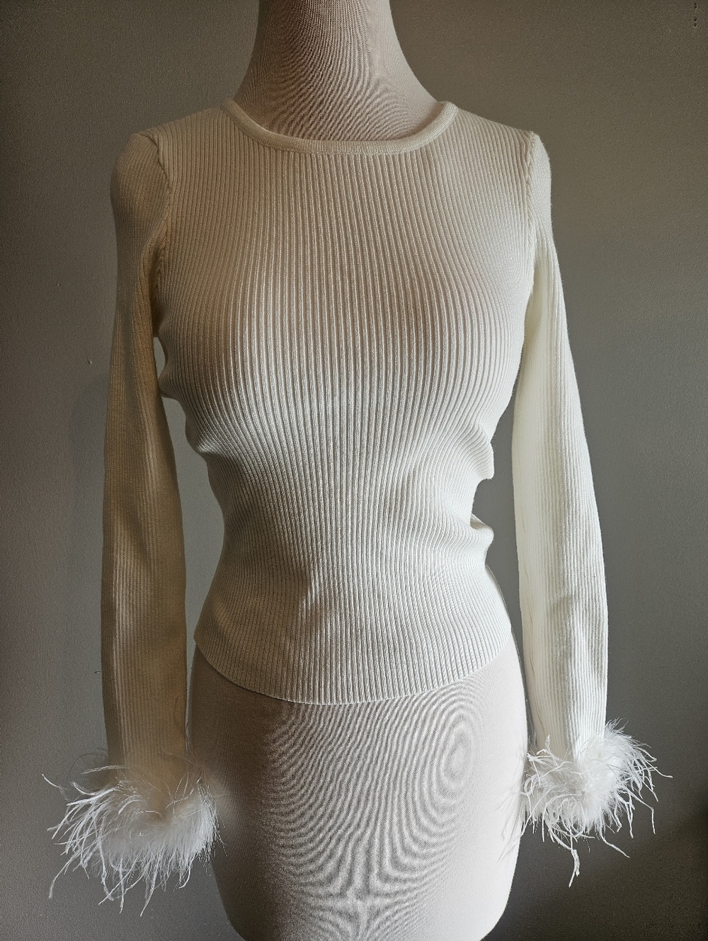 Ivory Ribbed Long Sleeve Top with Feather Cuffs